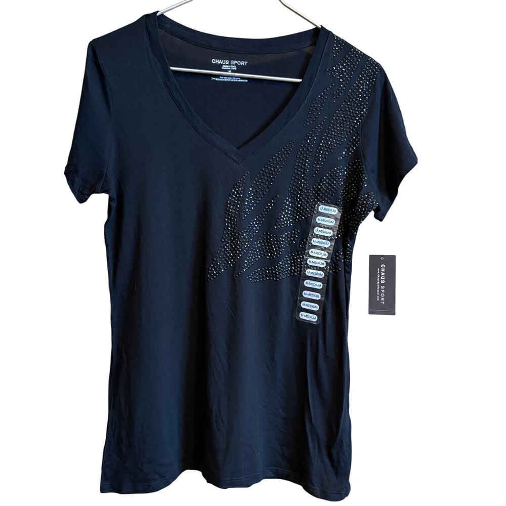 Chaus Sport Black Rhinestone V Neck Top Medium NWT